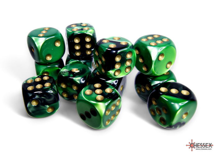 Gemini Black-Green/gold 16mm d6 Dice Block (12 dice) - CHX26639